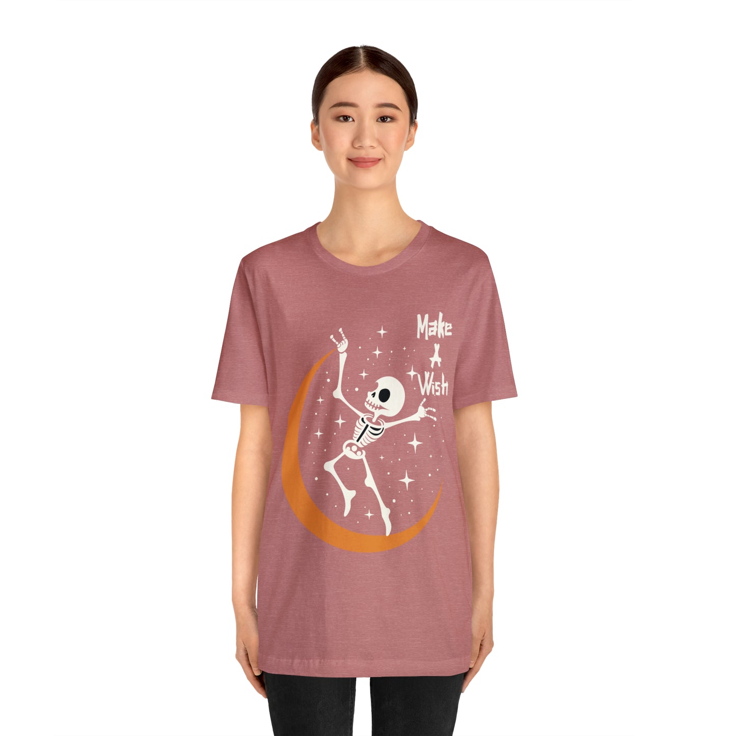 Spooky Skeleton Make A Wish Halloween Moon Stars Celestial T-Shirt