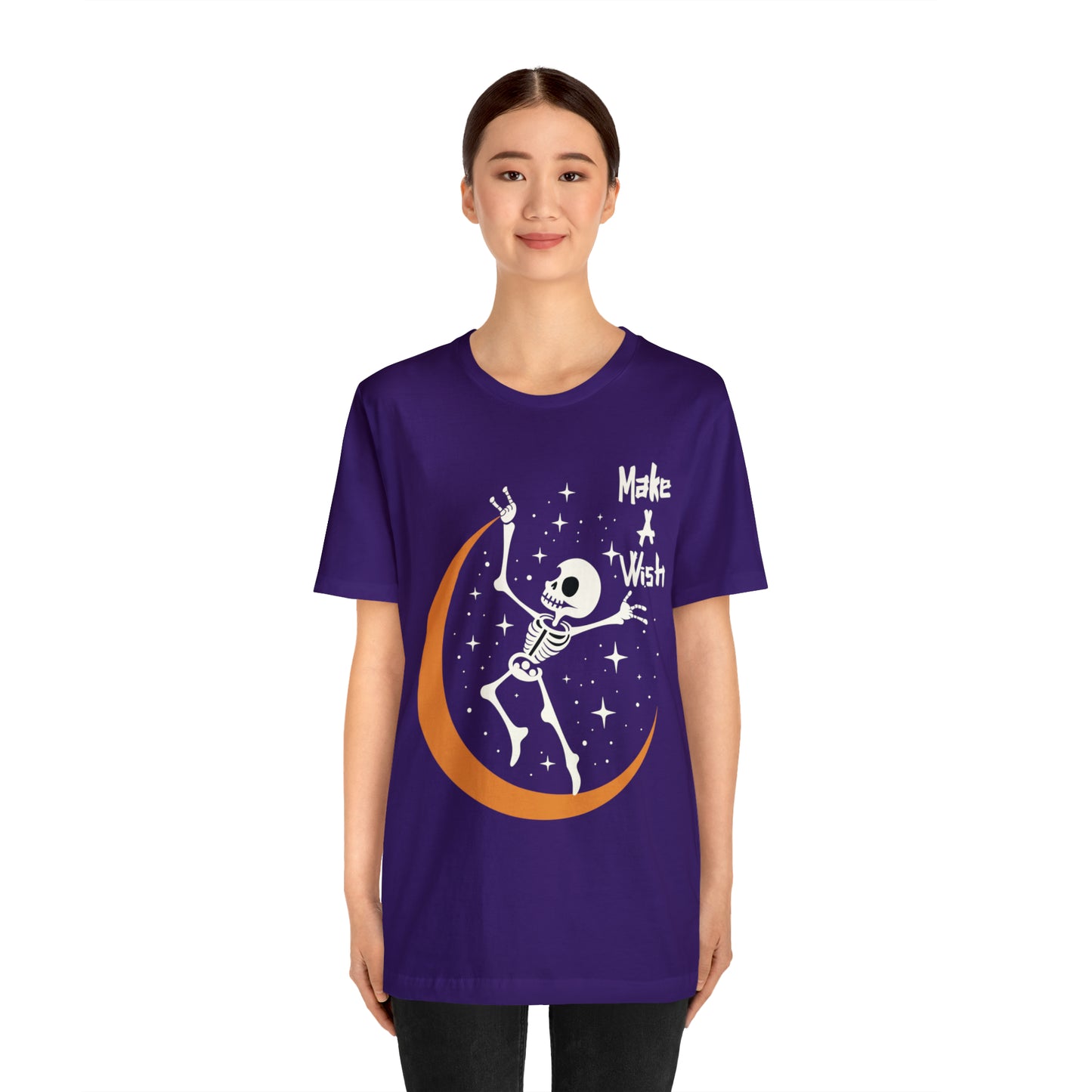 Spooky Skeleton Make A Wish Halloween Moon Stars Celestial T-Shirt