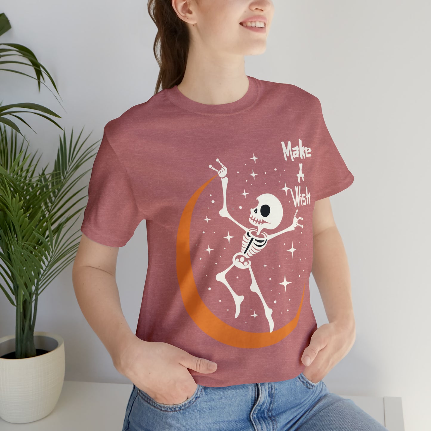 Spooky Skeleton Make A Wish Halloween Moon Stars Celestial T-Shirt