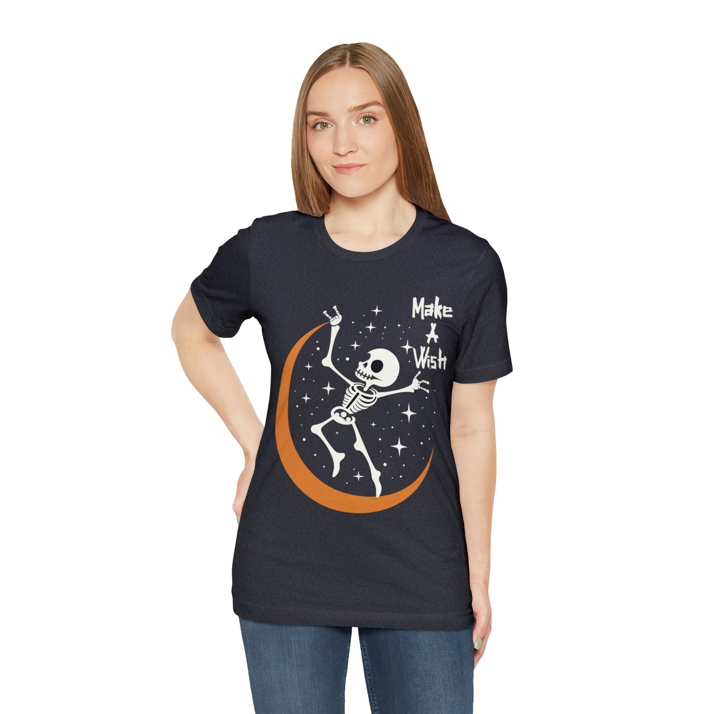 Spooky Skeleton Make A Wish Halloween Moon Stars Celestial T-Shirt