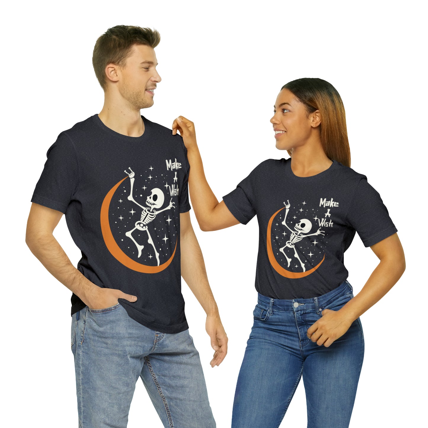 Spooky Skeleton Make A Wish Halloween Moon Stars Celestial T-Shirt