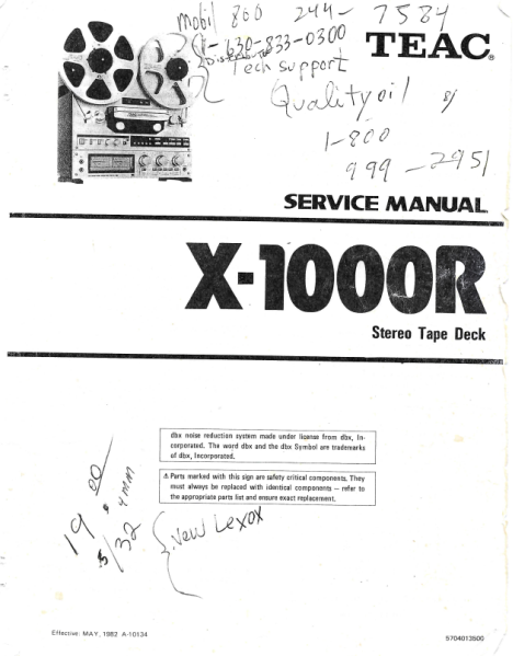 TEAC X-1000R Reel-to-Reel Stereo Tape Deck Service Manual – Printed & Comb Bound